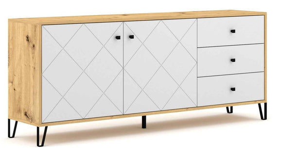 Bahut à 2 portes et 3 tiroirs BILBAO coloris chêne et blanc mat 183,4 cm