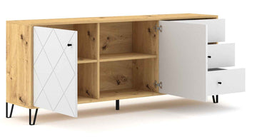 Bahut à 2 portes et 3 tiroirs BILBAO coloris chêne et blanc mat 183,4 cm