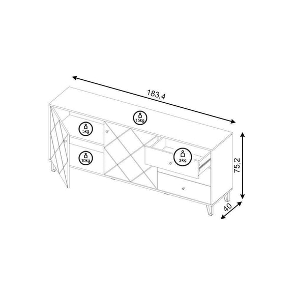 Bahut à 2 portes et 3 tiroirs BILBAO coloris chêne et blanc mat 183,4 cm
