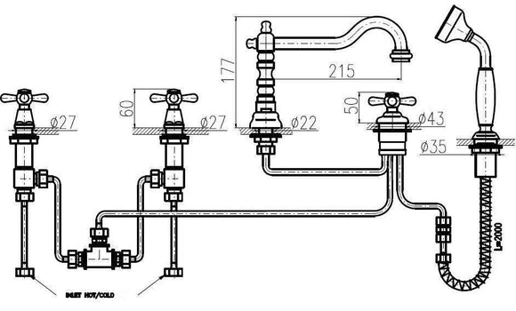 Mélangeur baignoire 5 trous MORAVA RETRO en laiton chromé