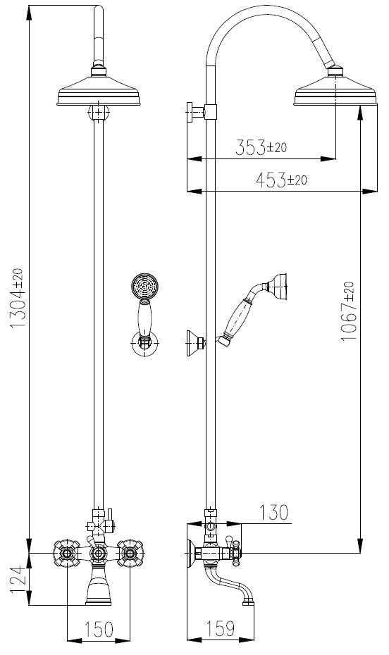 Colonne de douche rétro MORAVA en laiton bronze avec douchette H 150cm