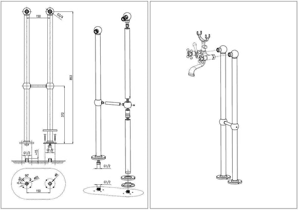 Mélangeur baignoire sur pied chromé MORAVA RETRO﻿ poignée en céramique