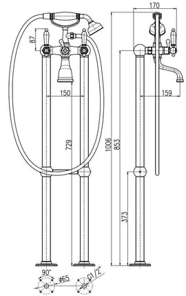 Mélangeur baignoire sur pied en laiton doré MORAVA RETRO﻿ poignée en céramique
