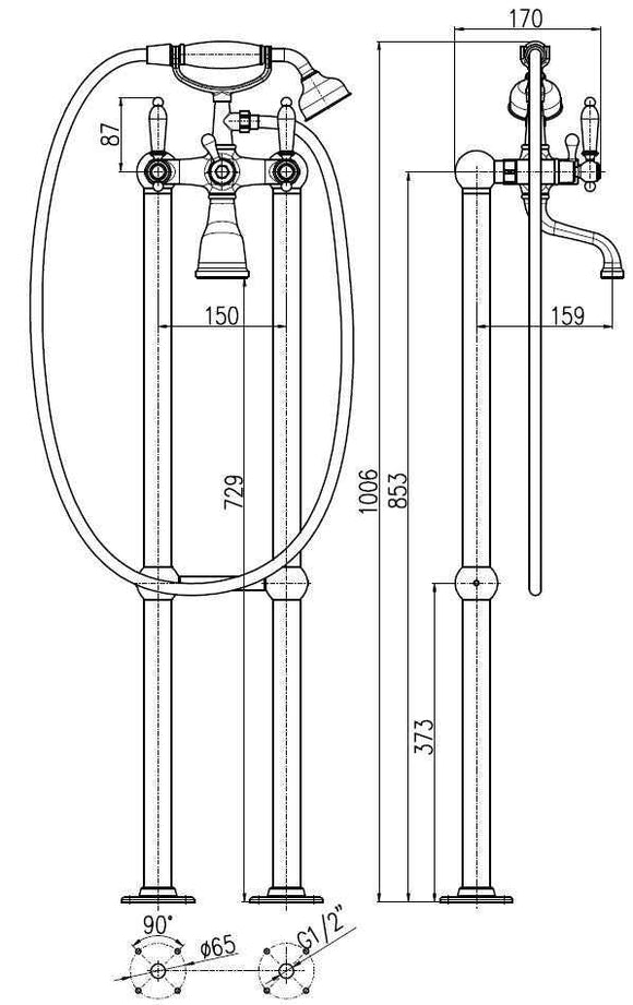 Mélangeur baignoire sur pied en laiton doré MORAVA RETRO﻿ poignée en céramique
