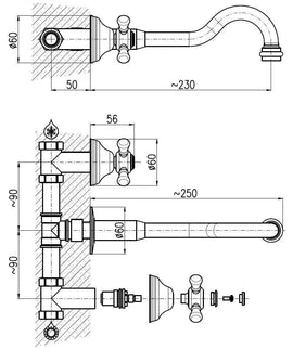 Mélangeur lavabo mural rétro 3 trous MORAVA en laiton bronze