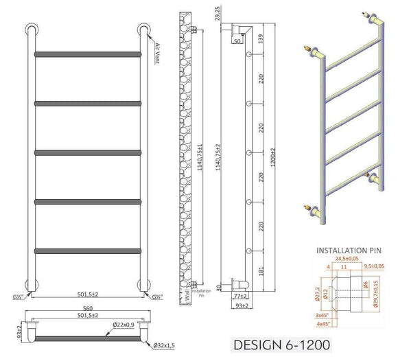 Radiateur sèche-serviette vertical DESIGN 6 9,3x56x120 cm en laiton noir mat