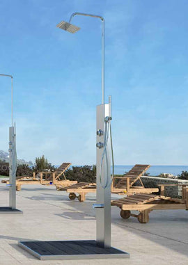 Douche d'extérieur avec receveur de douche LIBERO en acier inoxydable avec rince pieds 230cm