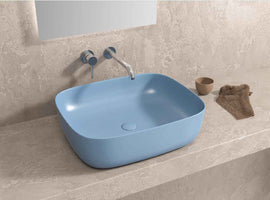 Vasque rectangulaire bleue à poser sans trou JEY 49x39,5x15 cm
