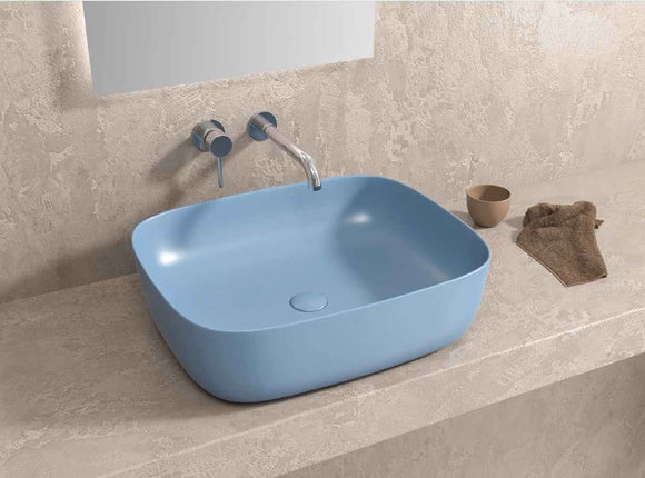 Vasque rectangulaire bleue à poser sans trou JEY 49x39,5x15 cm