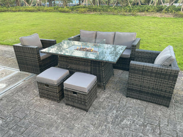 Fimous 7 Places Pe Osier Rotin Meubles De Jardin Foyer à Gaz Table Chauffage à Gaz Set Salon Canapé Set Chaise Tabouret Verre Trempé