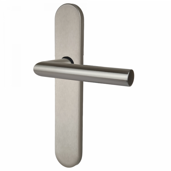 2 poignées de porte universelles Dualfit sur plaque ronde BRUNELLA, Sans trou pour pièce à vivre, Finition Acier nickel mat bi-entraxe 165-195