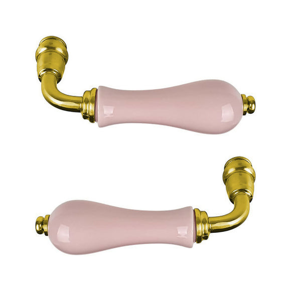 2 poignées sur rosaces rondes LIZON, Verrou de condamnation pour salle de bain/WC, Porcelaine rose, Finition coude en Laiton poli doré
