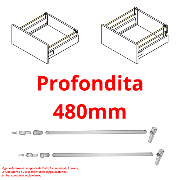 Tubo Laterale per Cassetti Delinia 480mm Componenti di Ricambio per Cassetti Interni Delinia Leroy Merlin per Mobili da Bagno e Cucina