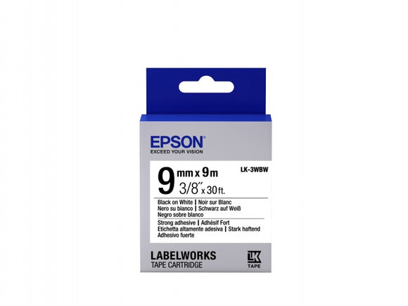 Epson LK-3WBW (C53S653007) Label Tape Cartridge, Strong Adhesive, Black on White 9mm, 9m