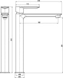 Mitigeur lavabo haut NIL en laiton métal gris poli sans siphon H. 26,1 cm