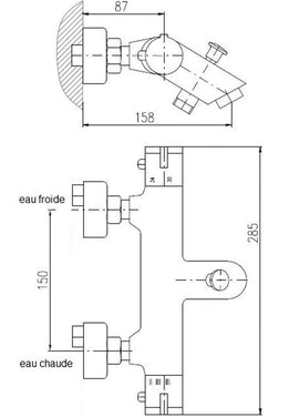 Mitigeur baignoire mural thermostatique en laiton chromé