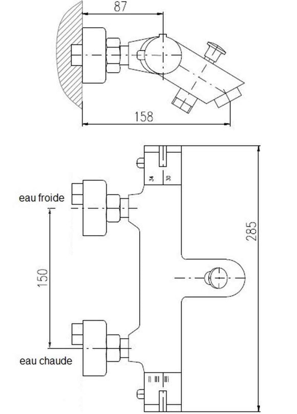Mitigeur baignoire mural thermostatique en laiton chromé