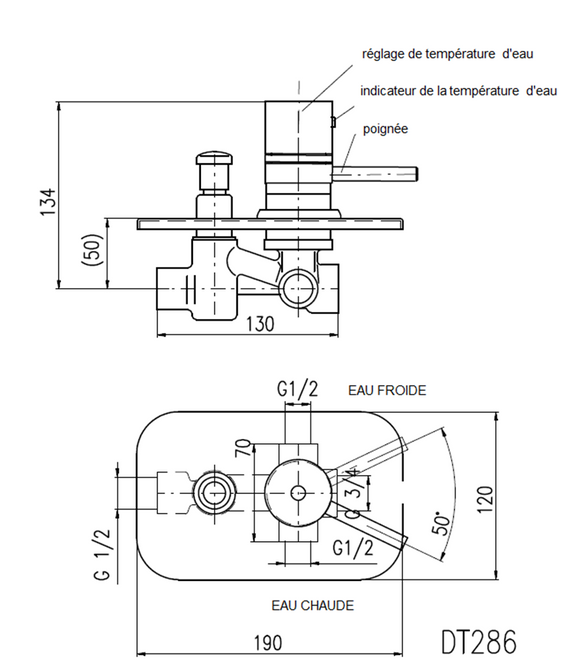 Mitigeur douche mural thermostatique avec commutateur laiton chromé
