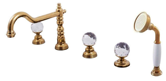 Mélangeur baignoire rétro 5 trous BRILLANCE en laiton doré et poignée en cristal