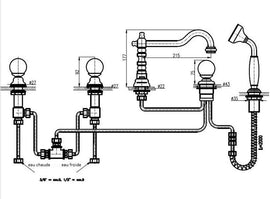 Mélangeur baignoire rétro 5 trous BRILLANCE en laiton doré et poignée en cristal