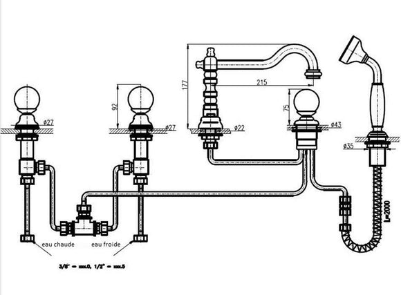 Mélangeur baignoire rétro 5 trous BRILLANCE en laiton doré et poignée en cristal