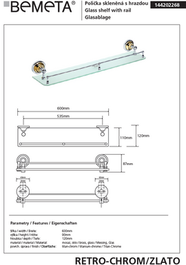 Tablette de douche murale en verre avec rail RETRO chromé doré 60 x8,7 x12 cm