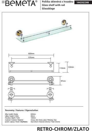 Tablette de douche murale en verre avec rail RETRO chromé doré 60 x8,7 x12 cm