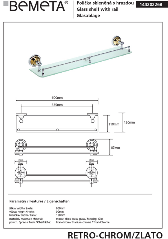Tablette de douche murale en verre avec rail RETRO chromé doré 60 x8,7 x12 cm