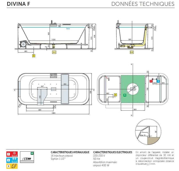 Baignoire îlot NOVELLINI DIVINA F 180x80 cm bord 8 cm