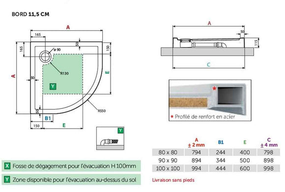 Receveur de douche ¼ de cercle NOVELLINI VICTORY beige 80x80 cm H 11,5cm
