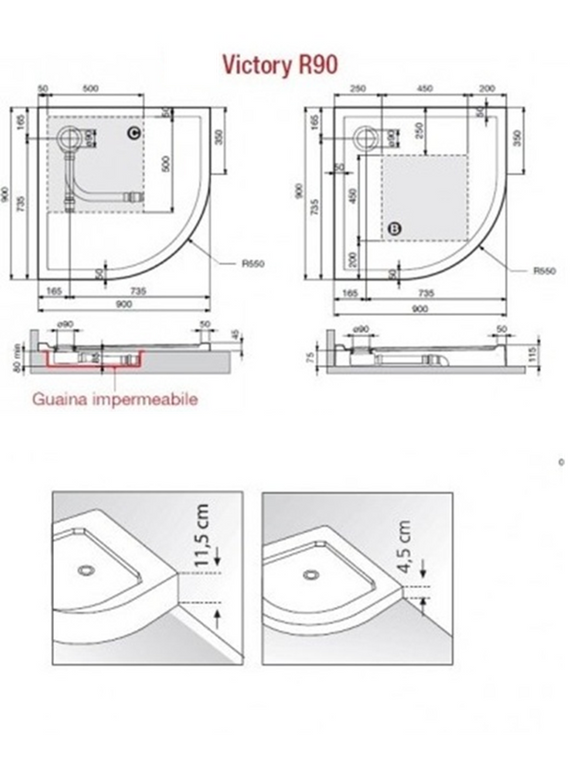 Receveur de douche ¼ de cercle NOVELLINI VICTORY beige 90x90cm H 11,5cm