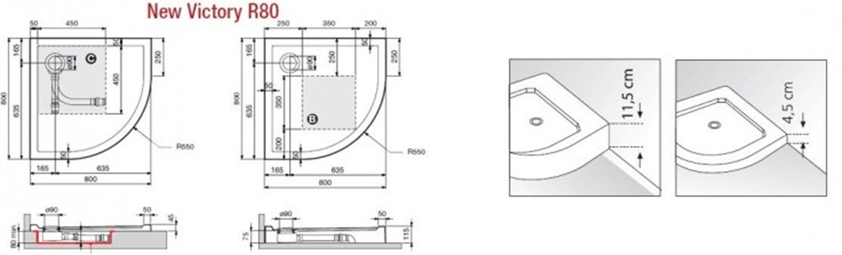 Receveur de douche ¼ de cercle NOVELLINI VICTORY noir 80x80 cm H 4,5cm - 0