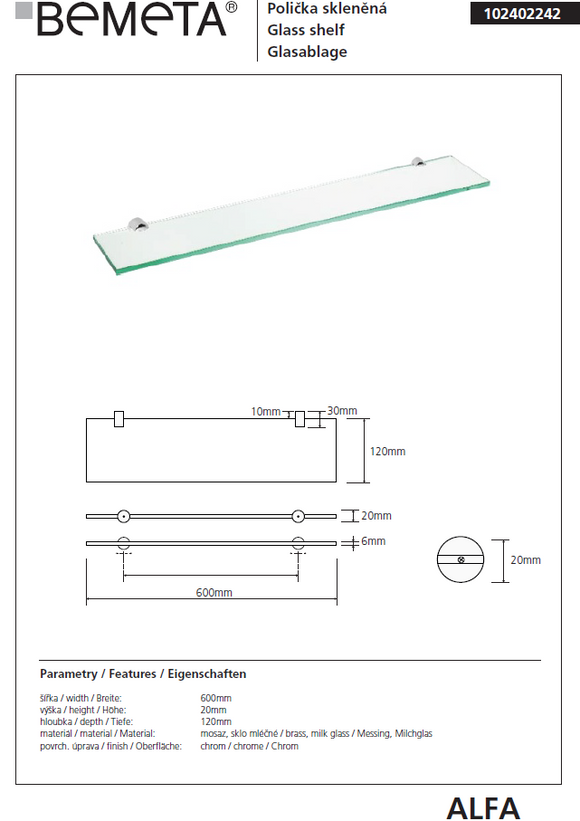 Etagère, tablette murale de douche ALFA en verre 60 x 12 x 2cm