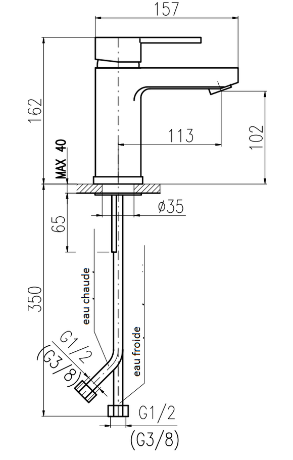 Mitigeur lavabo ZAMBEZE en laiton chromé sans siphon