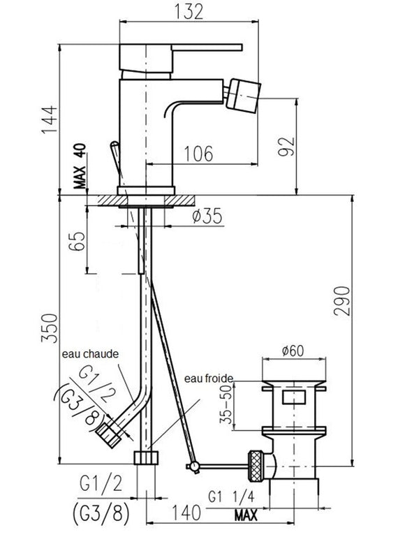 Mitigeur bidet ZAMBEZE en laiton chromé avec siphon