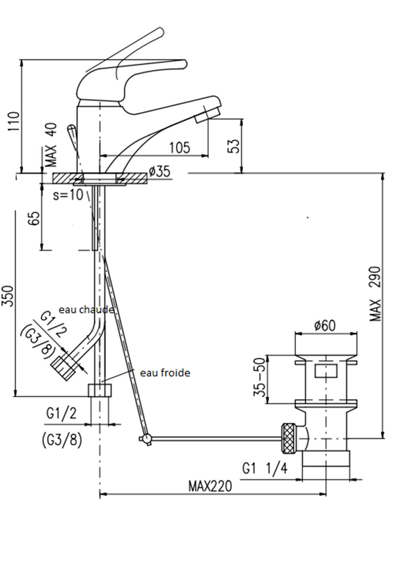 Mitigeur lavabo SAZAVA en laiton chromé avec siphon