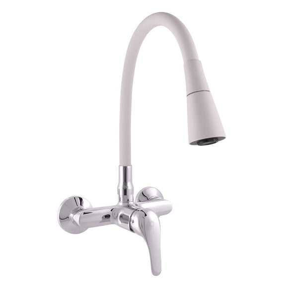Mitigeur évier mural flexible à mémoire de forme SAZAVA en laiton chromé blanc