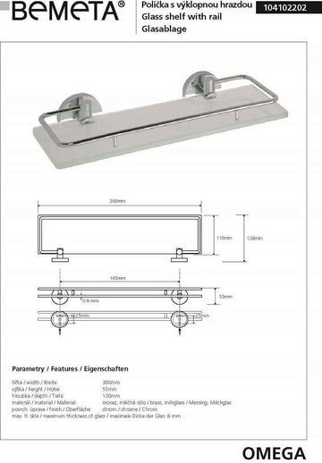 Etagère murale de douche en verre avec rail OMEGA 30x5,5x13cm