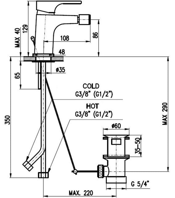 Mitigeur bidet YUKON en laiton métal gris brossé avec siphon