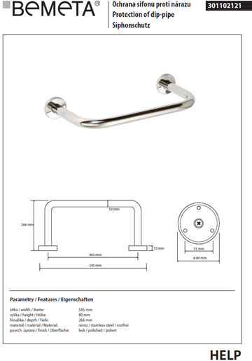 Barre d'appui HELP en acier inoxydable 54,5 x26,6 x8 cm