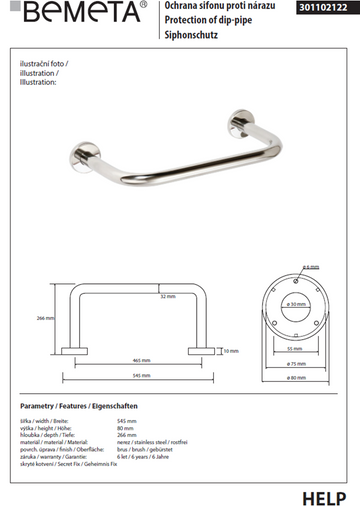 Barre d'appui HELP en acier brossé 54,5 x26,6 x8 cm