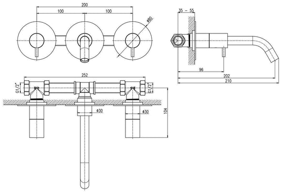 Mitigeur lavabo mural SEINA 3 trous en laiton rose gold brossé