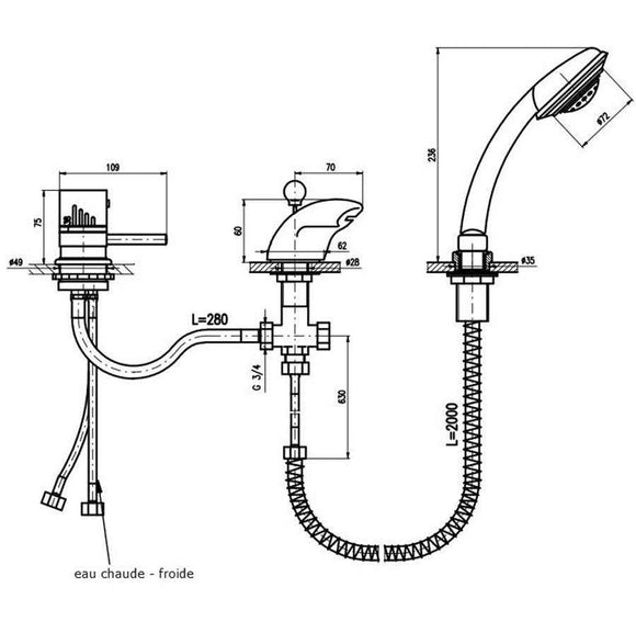 Mitigeur baignoire thermostatique avec cascade 3 trous en laiton chromé
