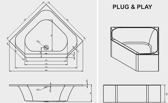 Baignoire d'angle acrylique RIHO AUSTIN Plug&Play 145x145cm