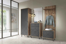 Commode à chaussures BILBAO coloris chêne tabac et gris mat 63,4x40 x56 cm