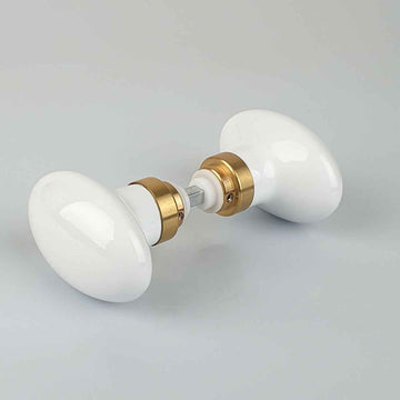 2 boutons de porte style Classique Chic en Porcelaine blanc avec Embase dorée, Carré 6 et 7 mm, modèle OLIVE