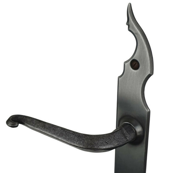 2 poignées de porte sur plaque fine CELTIQUE, Entrée de clé pour chambre, Finition acier aspect fer forgé patiné, Entraxe standard 195 mm