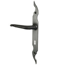 2 poignées de porte sur plaque fine CELTIQUE, Entrée de clé pour chambre, Finition acier aspect fer forgé patiné, Entraxe standard 195 mm