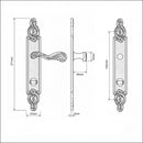 Schéma technique de 2 poignées de porte sur plaque SULLY, Verrou de condamnation pour salle de bain/WC, Finition laiton patiné aspect vieilli, Entraxe standard 195 mm