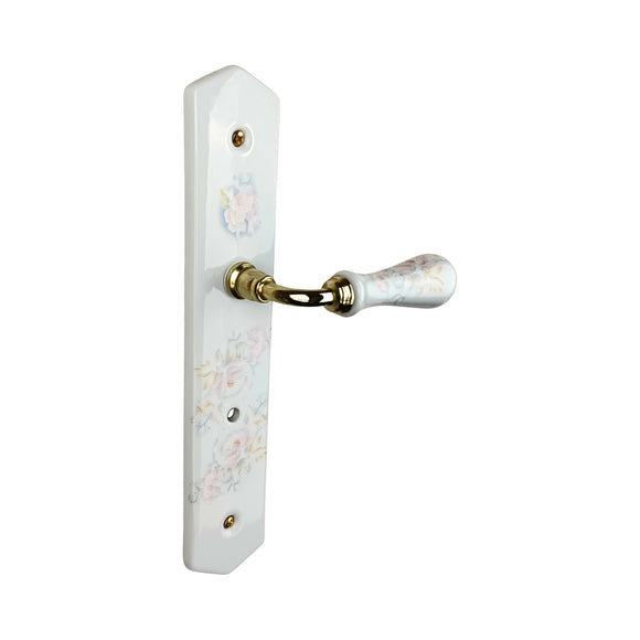 2 poignées de porte ROSAE, Verrou de condamnation pour salles de bain/WC, Porcelaine de Limoges, Finition coude doré, Entraxe standard 195 mm